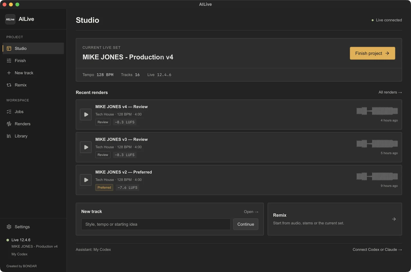 AILive Studio: the current Live set, recent renders with loudness readings, and the Finish, New track and Remix actions.